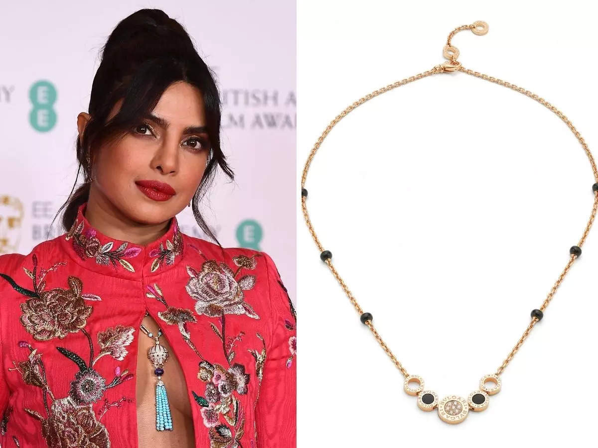 A picture of Priyanka Chopra on the right, and a mangalsutra on the left.