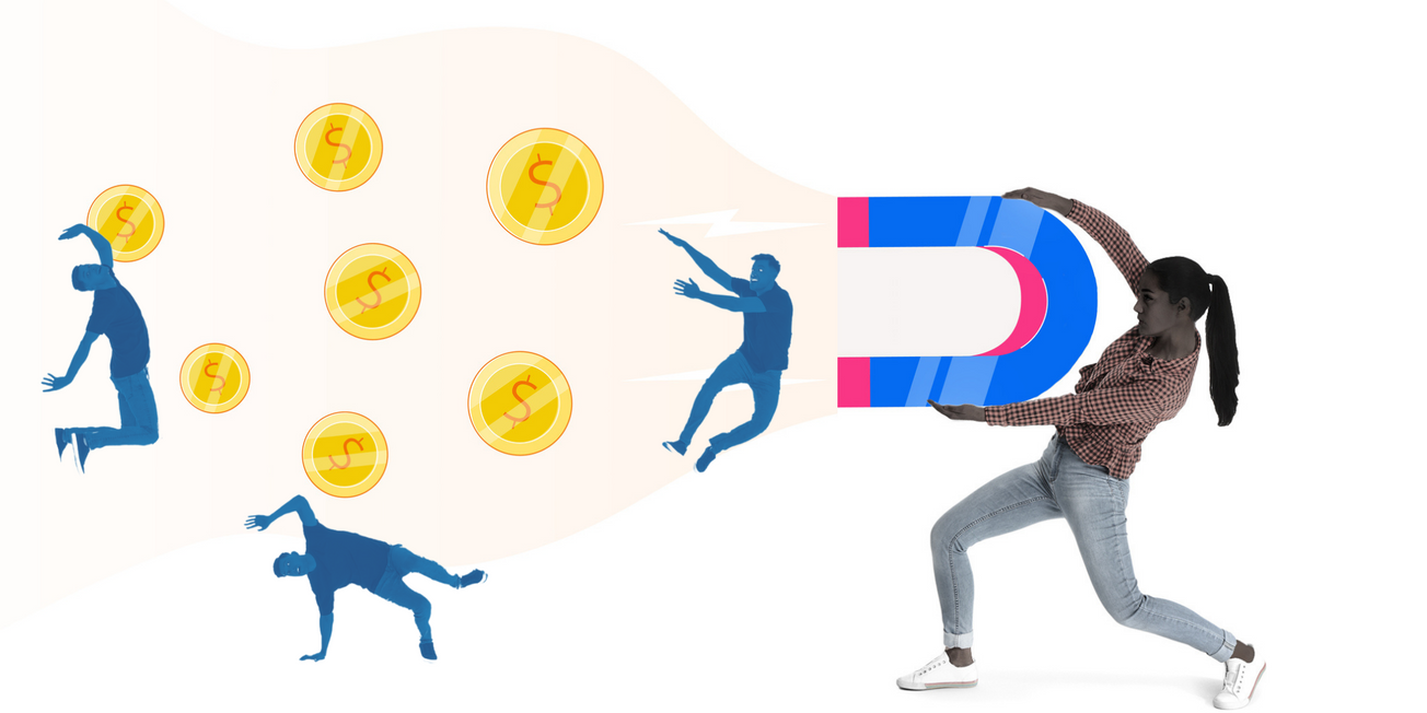 A woman holding a big magnet. Men and gold dollar coins tumbling towards her