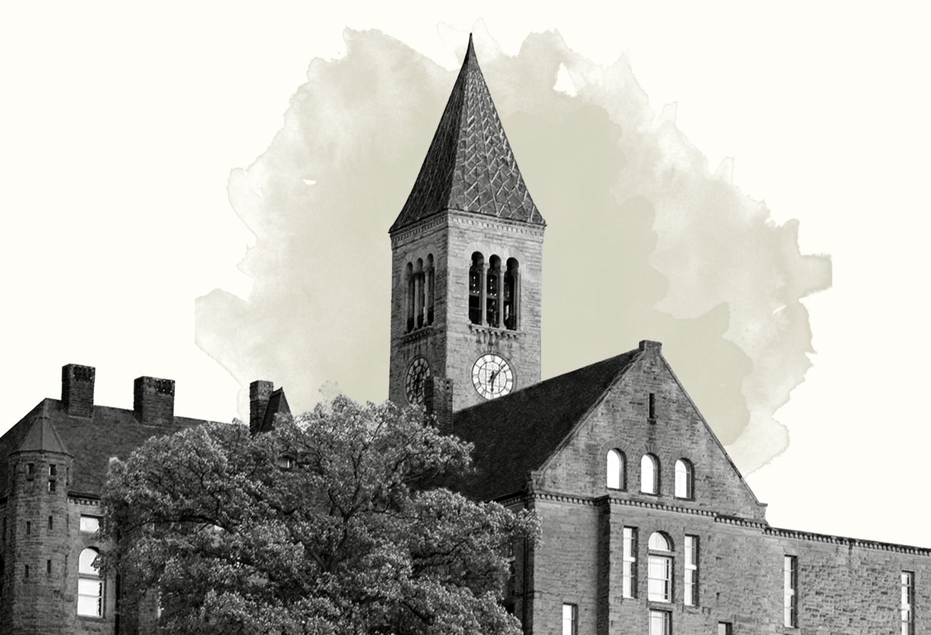 A black and white image of a building with a conical clock tower and a tree on its left side. Behind the tower is a graphic effect of a grey cloud.
